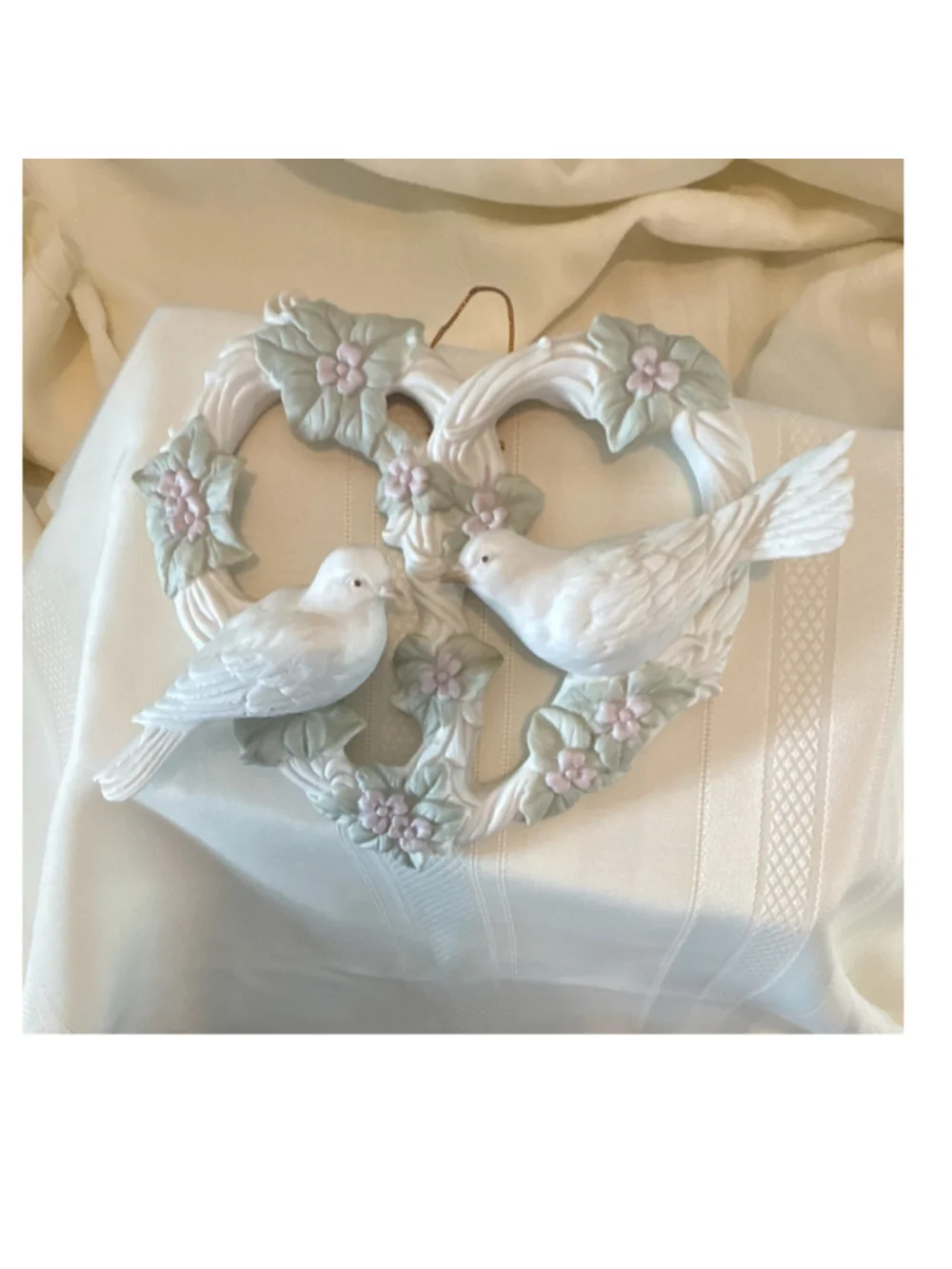 Ceramic Heart Shaped Dove Figurine Hand Painted Floral Design Matte Finish